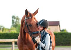 Young teenage girl equestrian kissing her chestnut horse. Multicolored outdoors horizontal image.