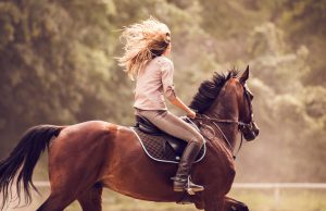 Woman practicing with her horse outdoors.